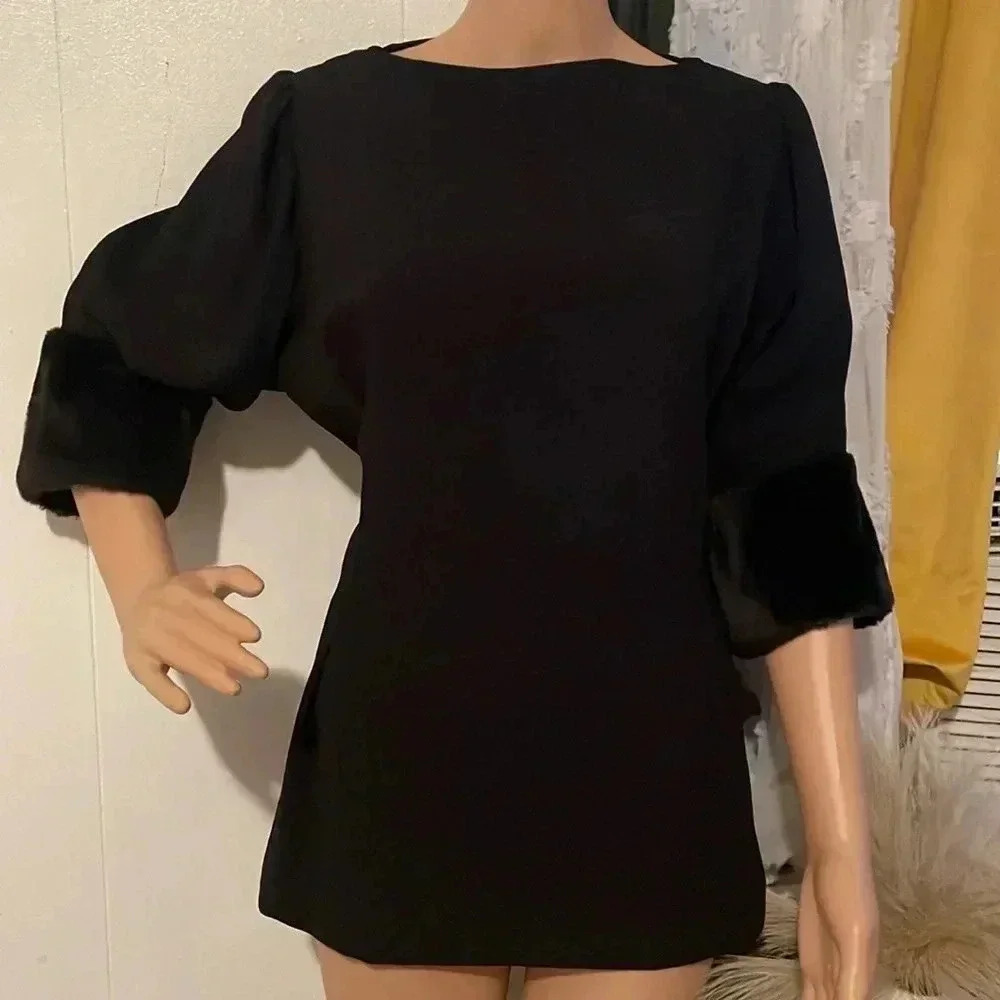 Zara black faux fur cuff sleeve black tie waist